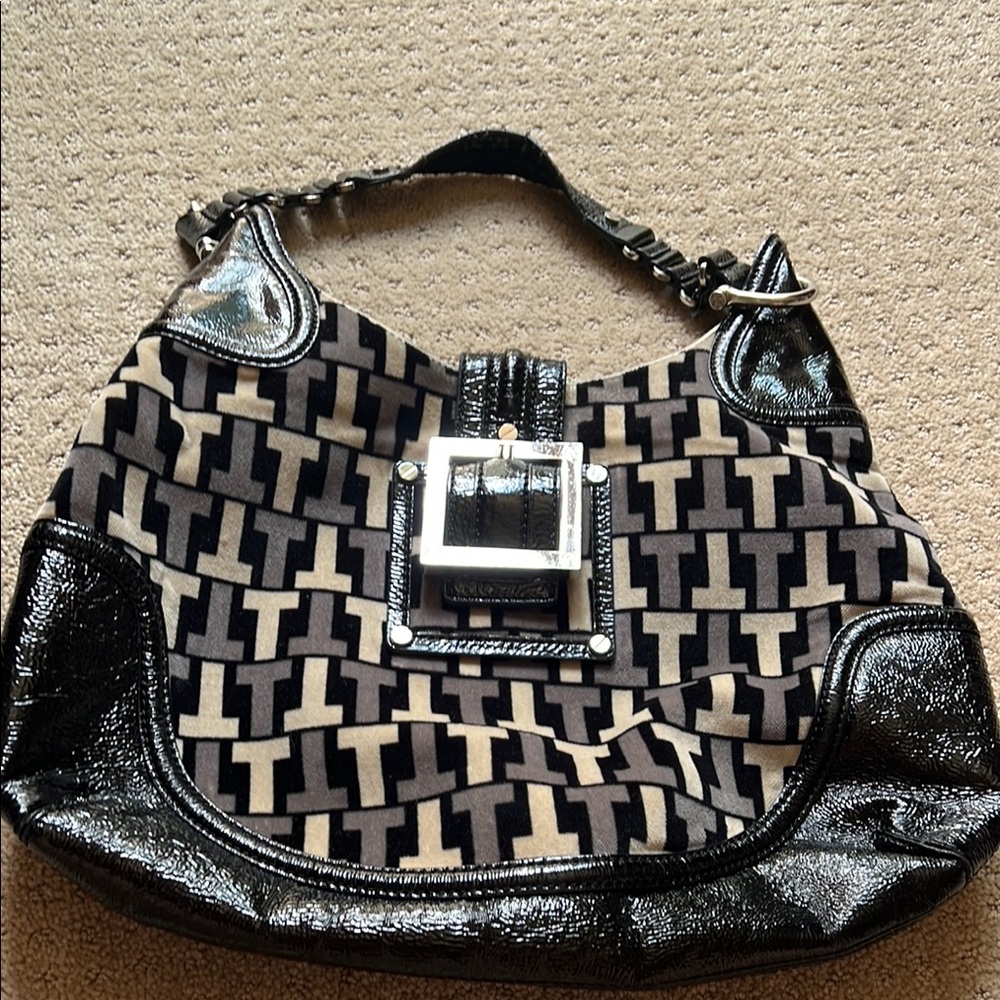 Vintage Tory Burch Black and Cream Hobo Bag with Geometric Pattern
